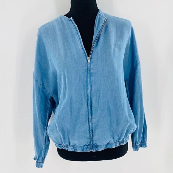 Zara Trafaluc Denim-Wear Chambray Zip Bomber Jacket Size Small - Picture 3 of 13
